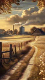Sunlit country lane curling past golden fields and smoke.