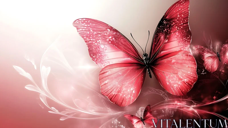 Crimson butterflies in luminous abstract trails of light.