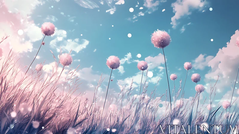 Pastel meadow with spherical flowers under blue daylight sky.