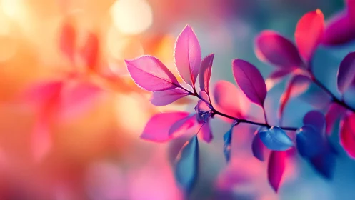 Prismatic leaves glow against a dream-soft sunset bokeh sky.