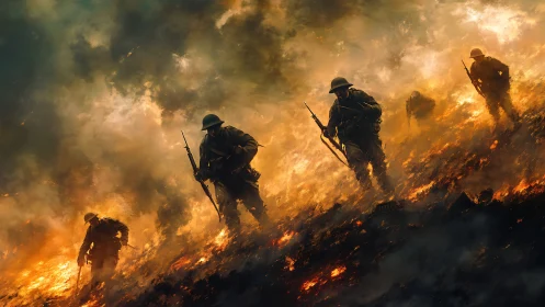 Soldiers Advancing Through Inferno Combat Landscape.
