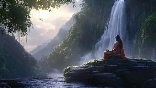 Meditative sage contemplates a misty jungle waterfall scene.