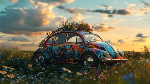 Sunset road trip dreams bloom around a joyful flower car