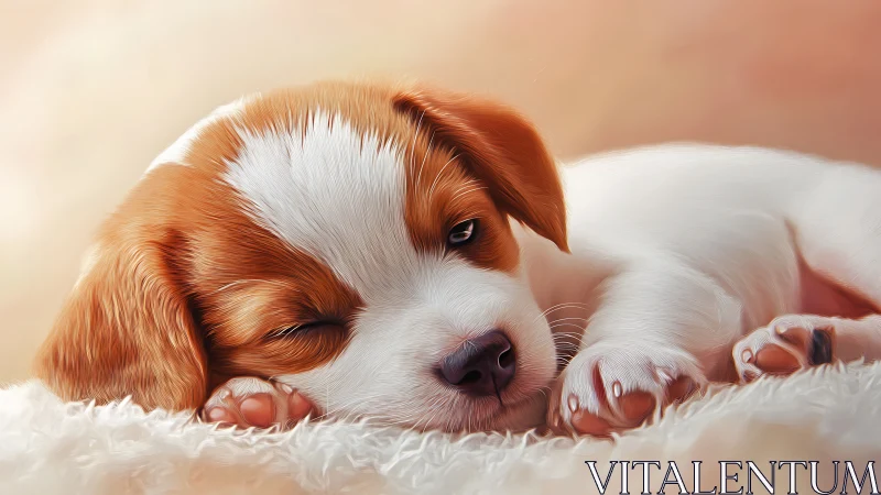 Sleepy brown and white puppy resting on soft blanket.