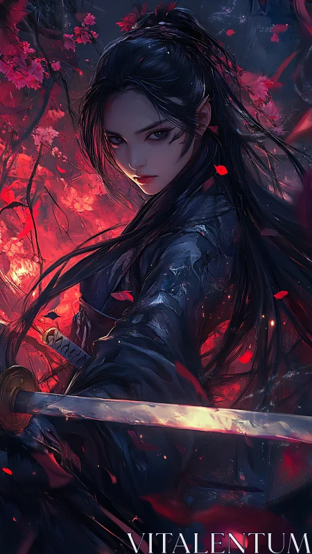 Fierce sword-wielding warrior stands amid burning blossoms.