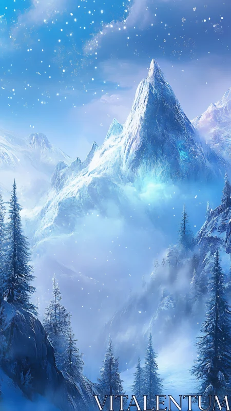 Frozen alpine peak under swirling blue winter sky.