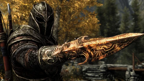 Armored warrior brandishes ornate golden dagger in forest