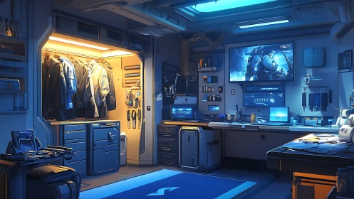 Futuristic workstation and wardrobe in organized cabin.