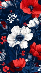 Red and White Cosmos Blooms Over Deep Navy Floral Composition