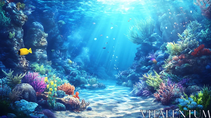 Sunlit coral canyon glows beneath clear tropical ocean waves