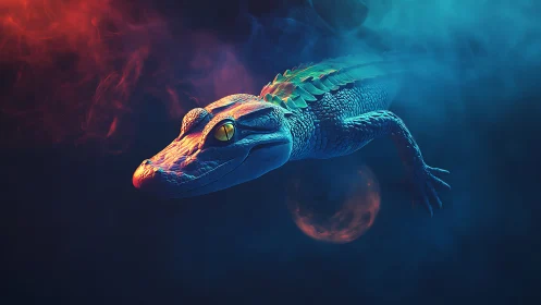 Mystical neon alligator glides through colorful cosmic mist