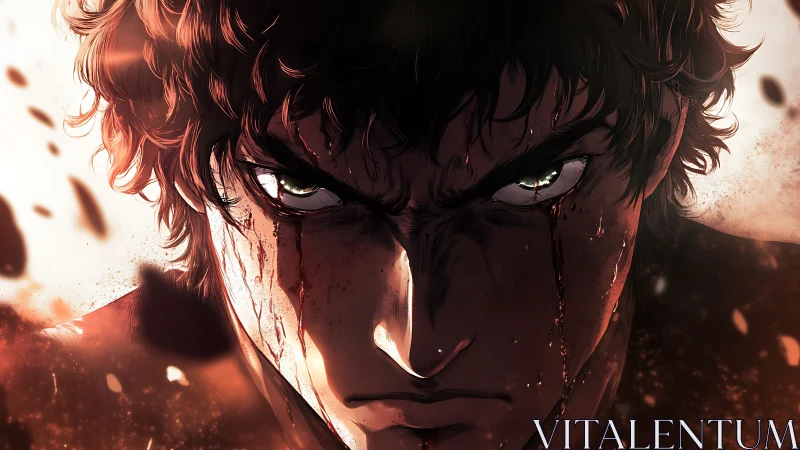 Bloodlit gaze of the unbroken warrior at duskfall.