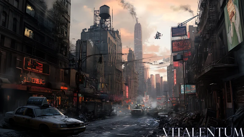 Neon ruins breathe under a bruised cyberpunk dusk sky.