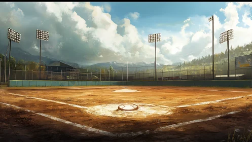 Sunlit ballpark diamond waits beneath towering stormclouds.