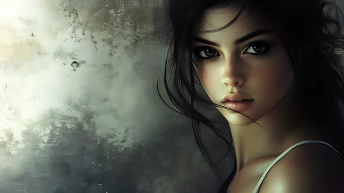 Digital portrait of woman with dark hair and gaze.