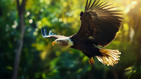 Majestic Bald Eagle Soaring in Sunlit Forest, Nature Photography.