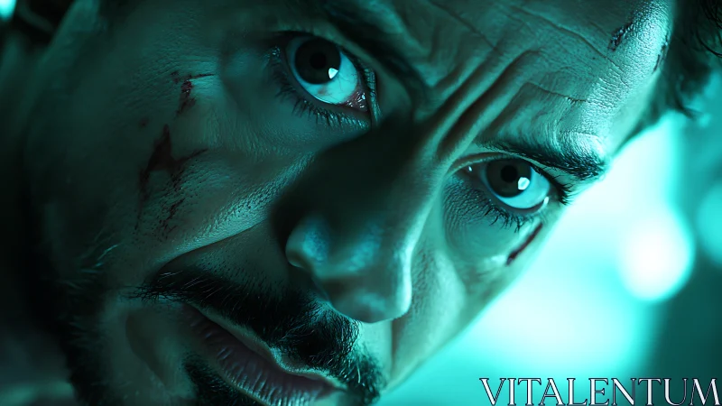 Intense close-up portrait glowing with teal determination.