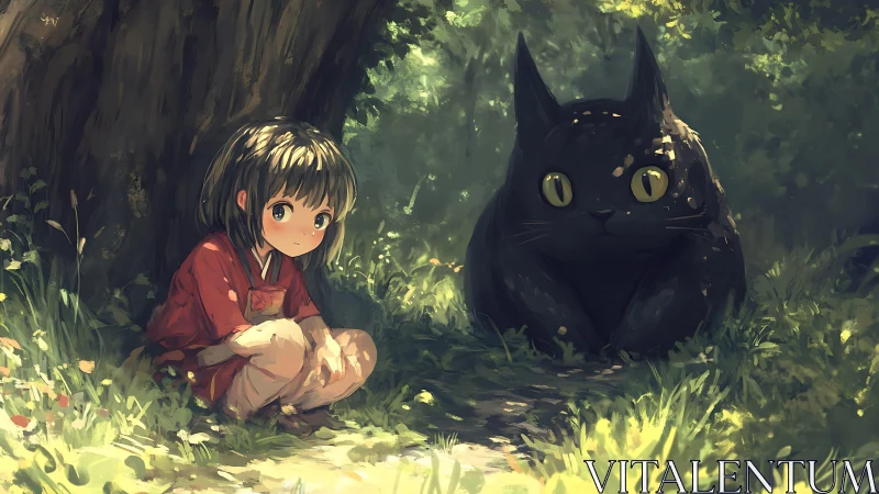 Forest shadows trade secrets between child and giant cat