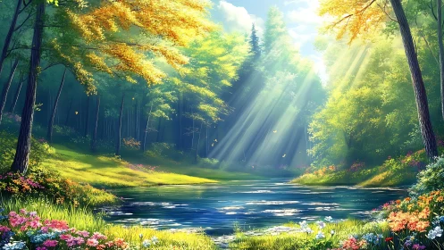 Sunlit woodland river rendered in luminous digital painting
