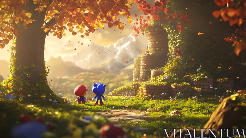 Two Characters Explore Enchanted Autumn Ruins in Golden Sunlight