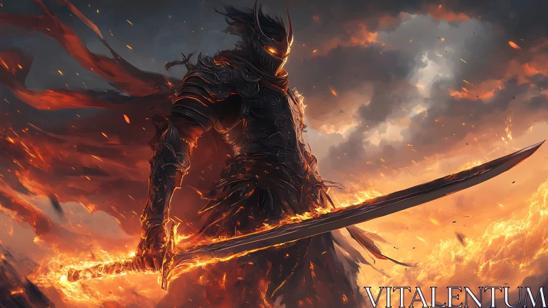 Flame-Wreathed Dark Knight in Dynamic Fantasy Battle Stance.