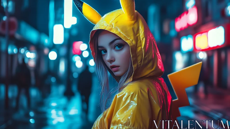 Girl in Pikachu hooded coat on neon city street at night.
