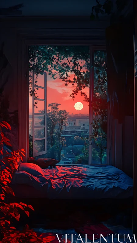 Cozy twilight bedroom overlooking a glowing city sunset.