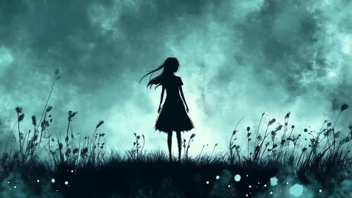 Silhouetted girl stands alone in glowing teal dusk field