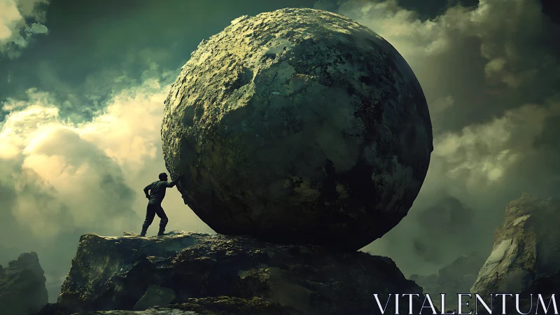 Stormlit titan sphere meets lone climber’s defiant push.