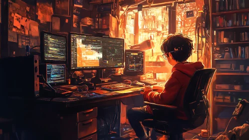 Young coder in warm-lit studio with multi-monitor rig.