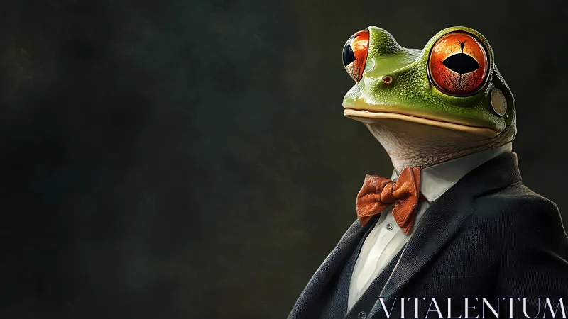 Formal frog portrait in tuxedo with orange bow tie.