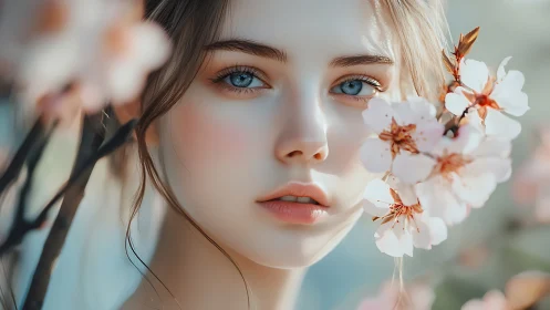 Gentle blue eyed girl framed by soft spring blossoms.