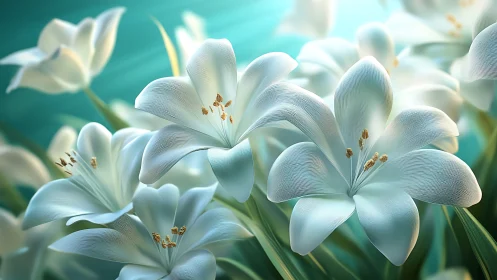 Delicate White Lilies with Golden Stamens Against Turquoise Backdrop.
