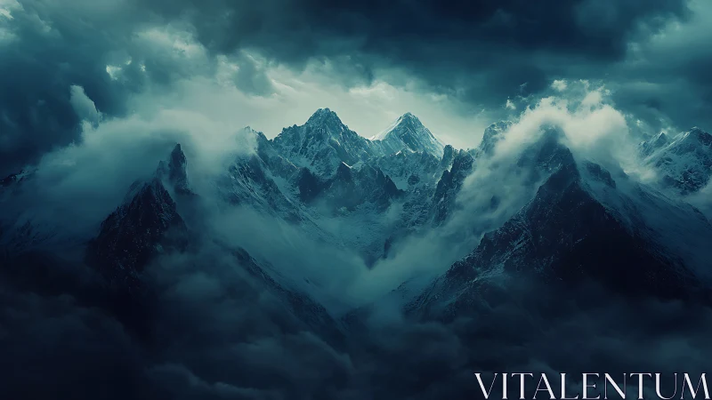 Nocturnal glaciated crags emerging through convective storm clouds.