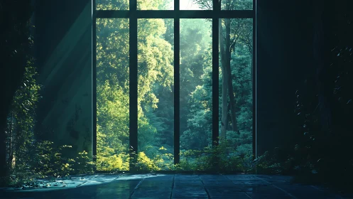 Forest pavilion interior with expansive glazing toward verdant woodland canopy.