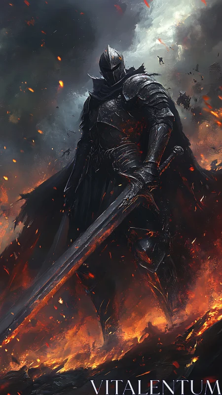 Volcanic greatsword knight amid incandescent slag storm.