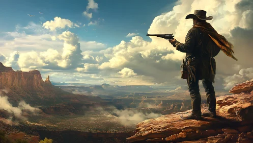 Lone cowboy with rifle overlooking vast desert canyon.