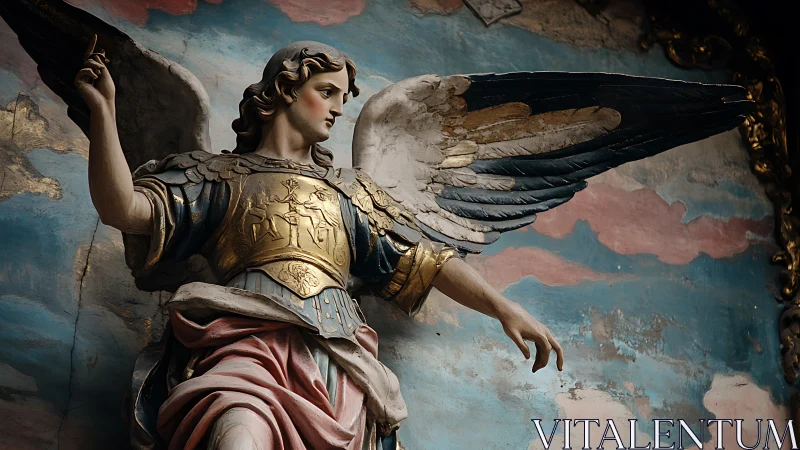 Graceful angel statue with golden armor and sweeping wings.