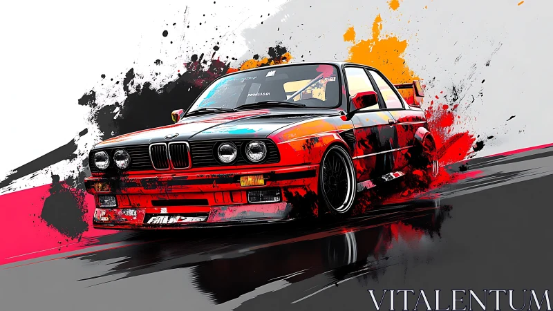 Neon-splashed drift legend charges through abstract paintstorm.