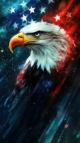 Bold eagle portrait in glowing red, white, and blue light.