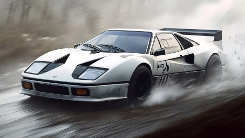 White race car on wet track in dynamic cornering motion.