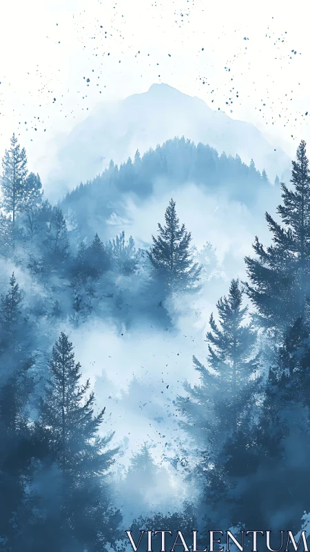 Mountain landscape with coniferous forest and atmospheric fog layering.