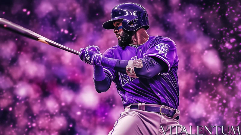 Baseball batter in purple uniform against abstract backdrop.