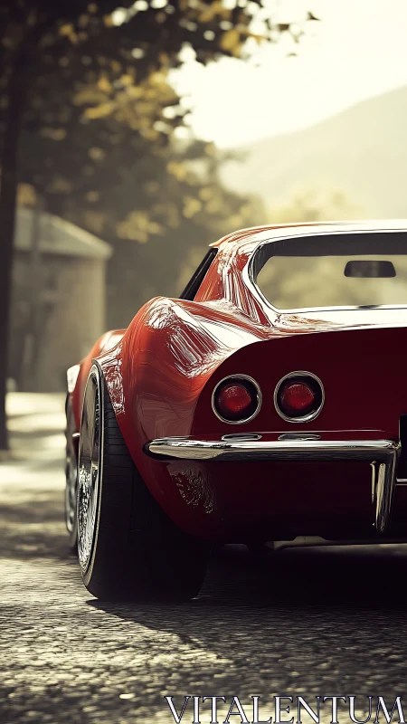 Red classic sports car rear view on sunlit street.