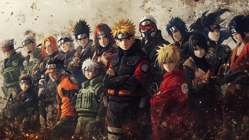 Legendary ninja lineup gathered in stormy golden embers.