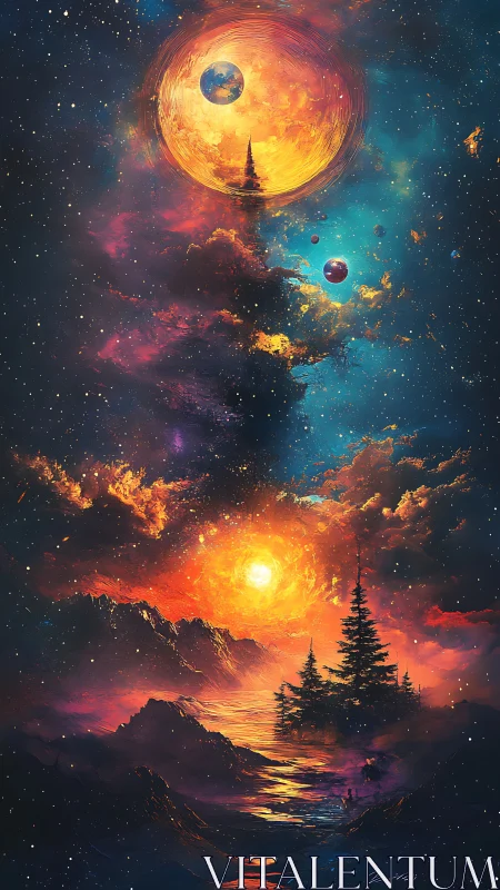 Cosmic twin suns illuminate surreal mountains and lake