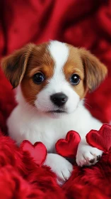 Adorable Puppy with Red Hearts Portrait.