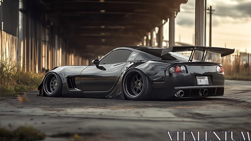 Modified black sports coupe with widebody kit under structure.