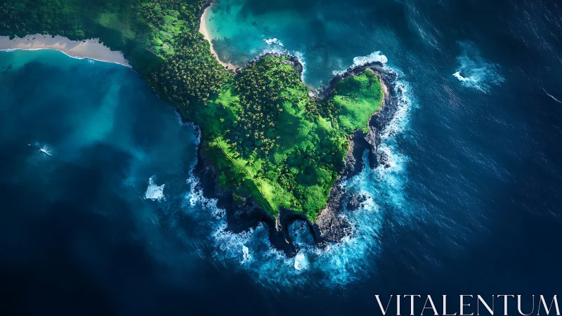 Tropical Island Aerial: Lush Vegetation and Turquoise Waters.