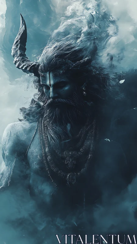 Storm crowned ascetic strides through teal thunderous mist